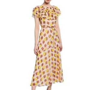 KATE SPADE Geo Print Ruffle Silk Midi Dress
